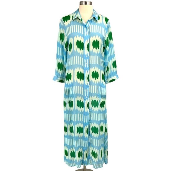 Oliphant Shirt Dress Midi Ikat Blue Green Size L Long Sleeve Cotton Silk *FLAW* - Picture 1 of 15
